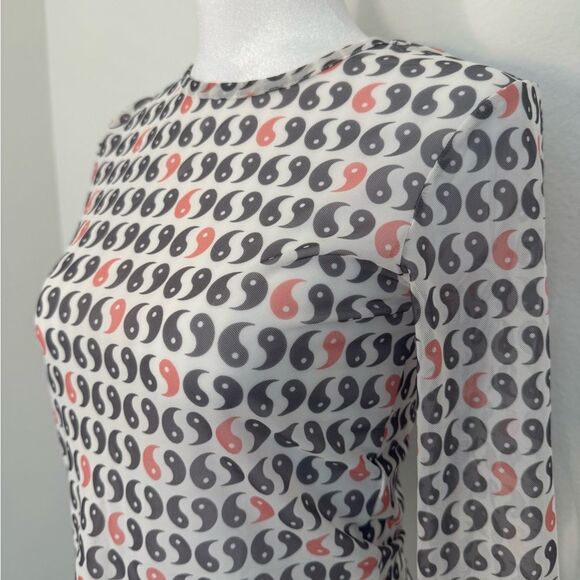 Asos White Sheer Long Sleeve Crop Top Brown and Orange Yin Yang Pattern Size 2P - Picture 7 of 11